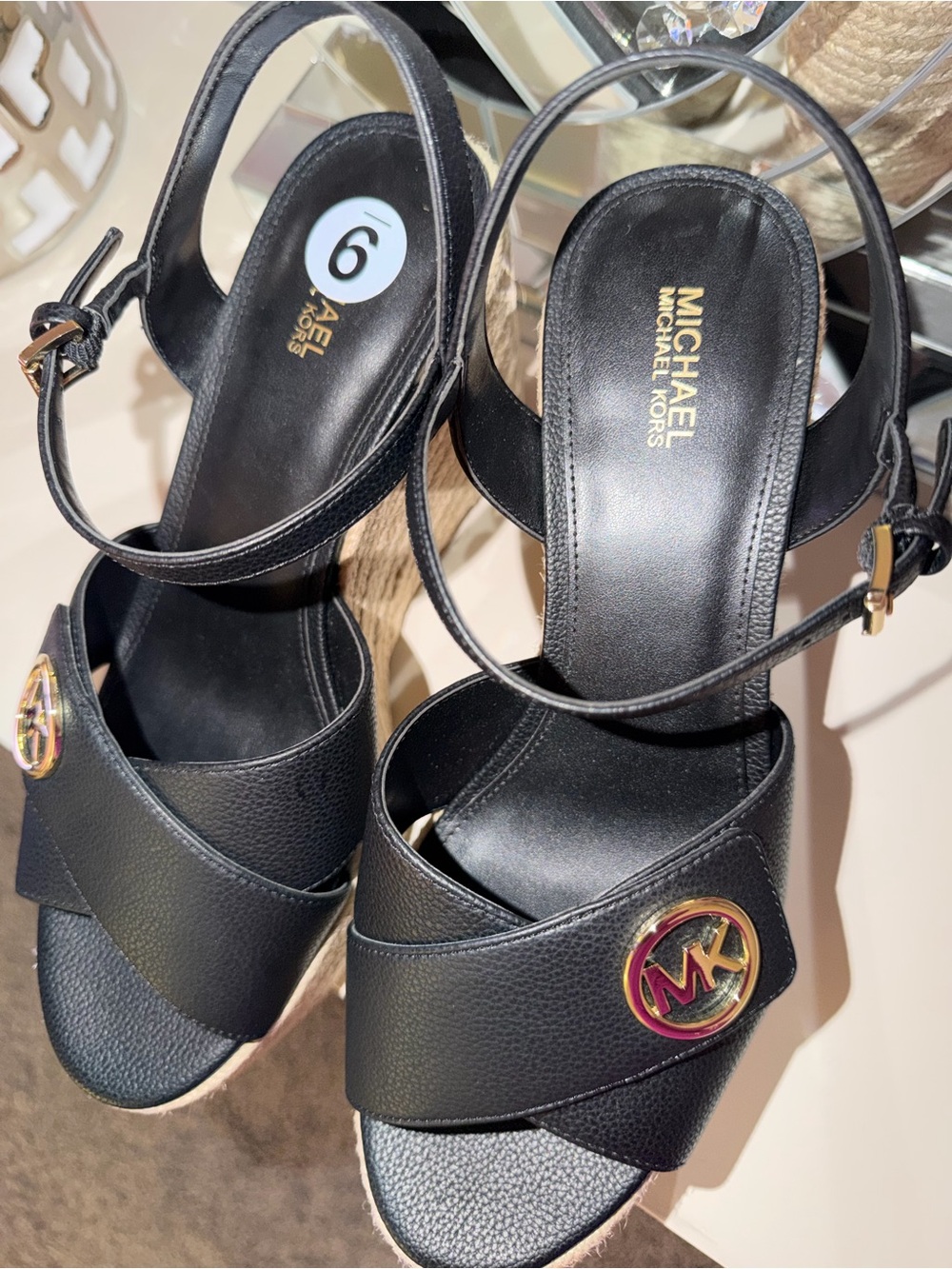 Michael Kors Black Leather Espadrille Wedge Sandals with MK Logo